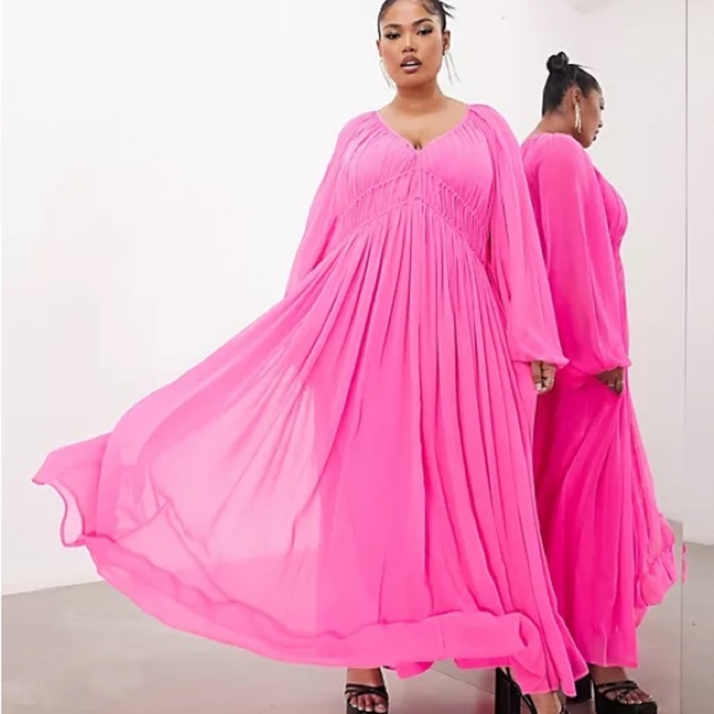 ASOS EDITION Curve ruched gathered waist chiffon maxi dress in hot pink